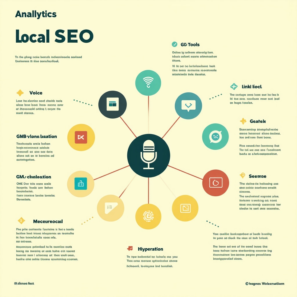 Infographic illustrating AI-powered analytics, voice search optimization, and hyperlocal link building for Google My Business SEO tools