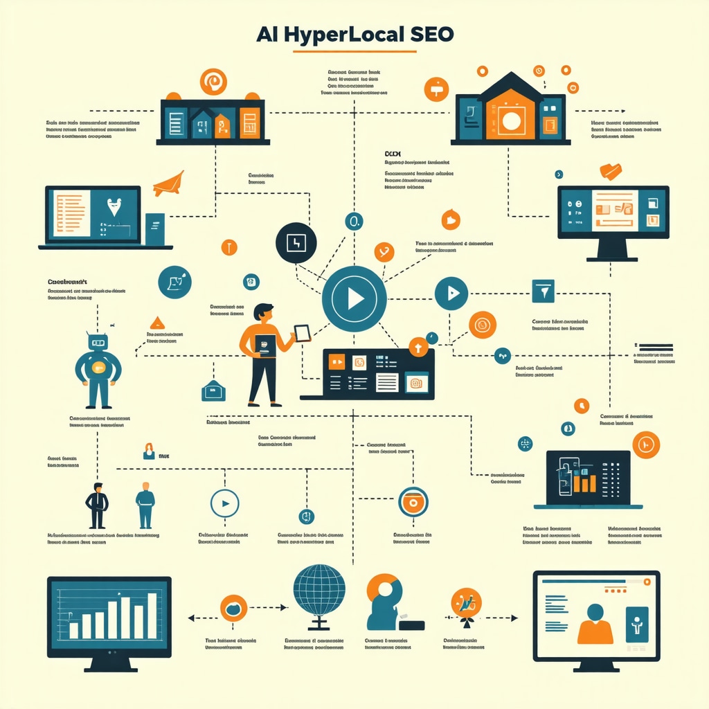 Infographic showing AI applications in hyperlocal SEO including consumer behavior data, content generation, chatbots, and analytics