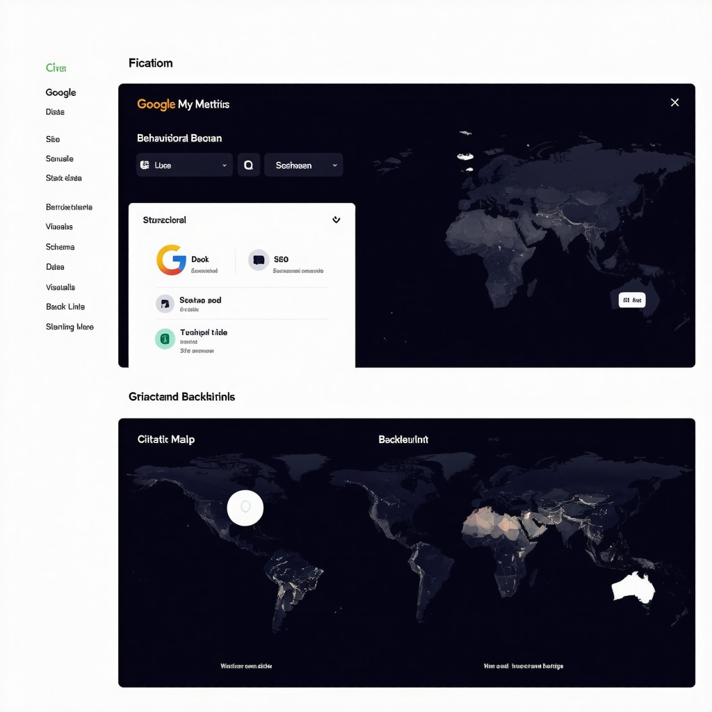 Dashboard showing AI-driven analytics including behavioral data, structured data implementation, and citation backlink strategies for GMB