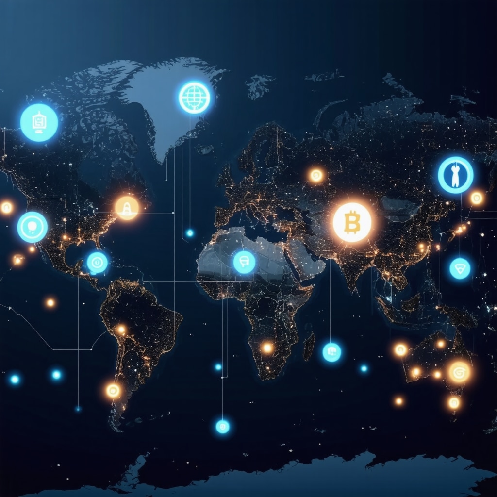 Digital dashboard showcasing AI analytics and blockchain icons for local business review management