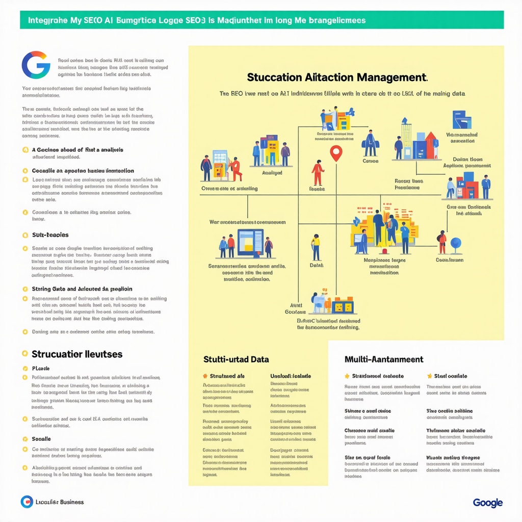 Infographic showing AI analytics, structured data markup, and multi-location management for GMB optimization