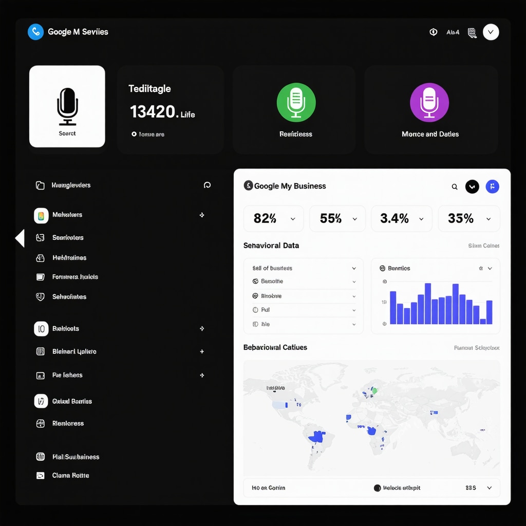 Dashboard showing AI-powered Google My Business analytics with local maps and voice search icons