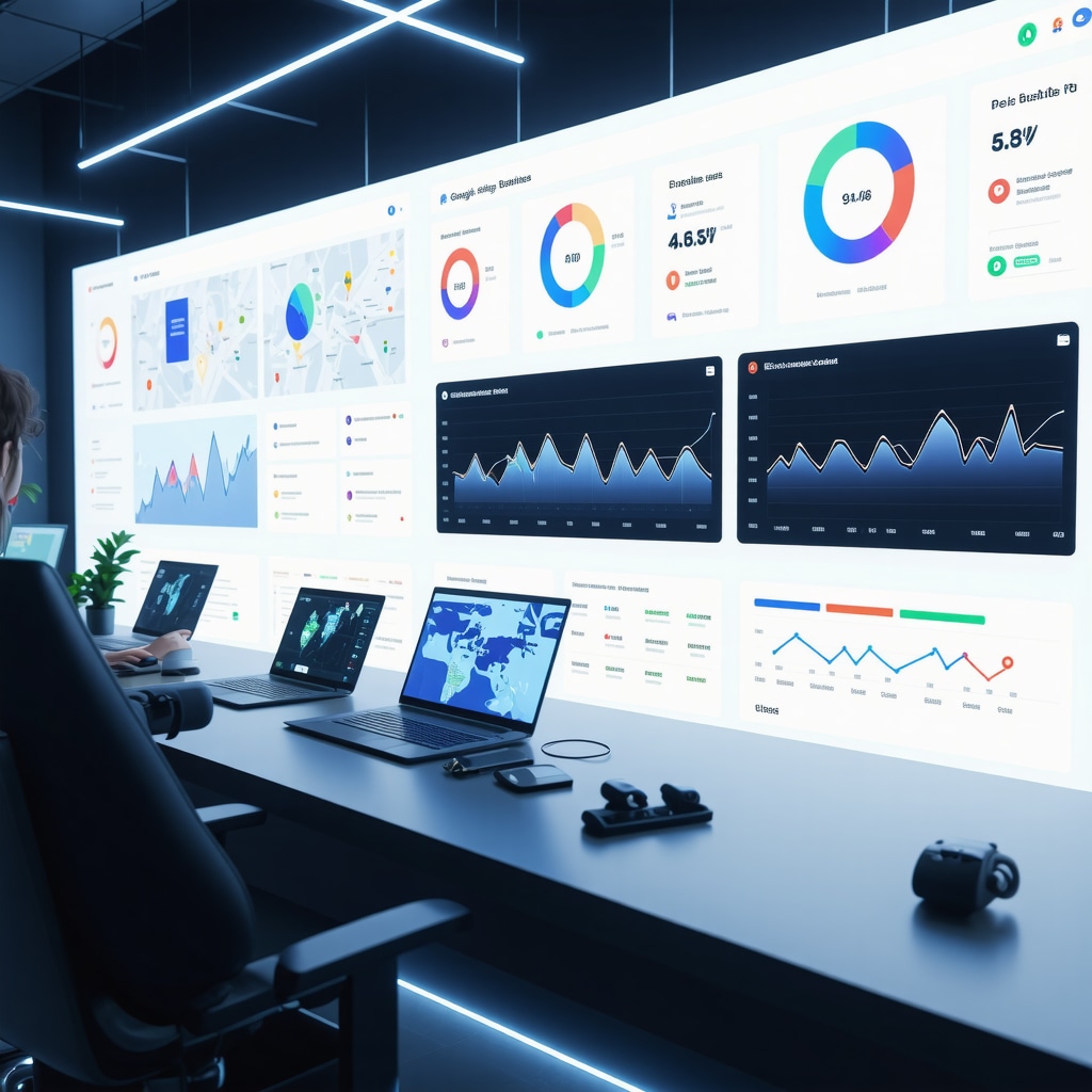 Futuristic dashboard showing AI analytics and Google My Business metrics for enhanced local SEO