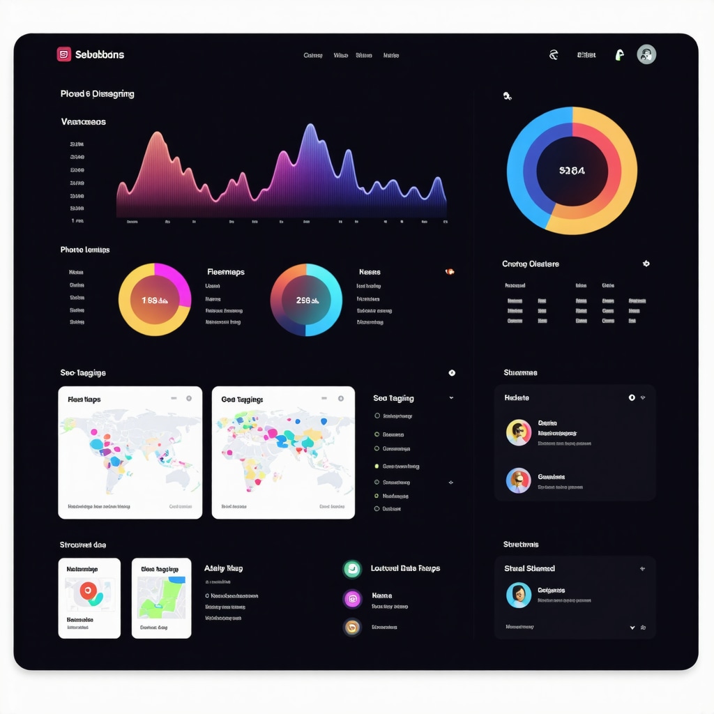 Dashboard showing AI analytics, geo-tagging maps, and structured data icons for optimizing Google My Business photos