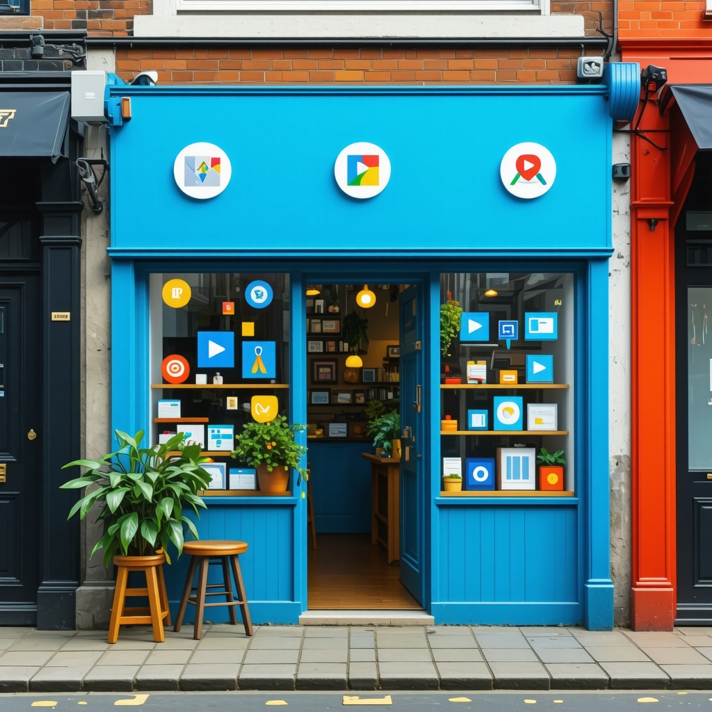 Small business storefront with digital AI analytics, video icons, and hyperlocal map pointers illustrating advanced GMB strategies