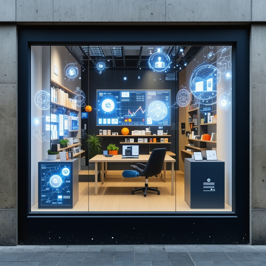 Illustration of a local business using augmented reality and AI-driven analytics for Google My Business optimization