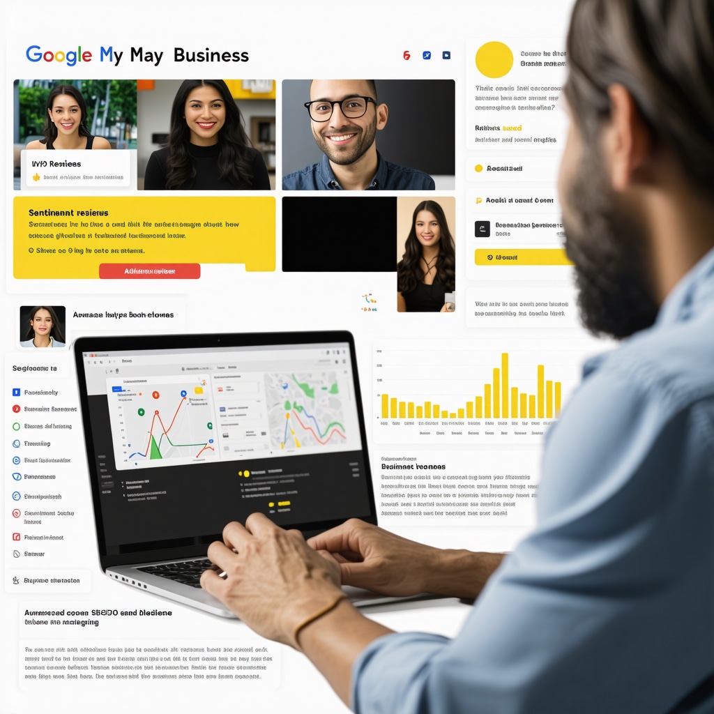Illustration of Google My Business reviews with keyword highlights and sentiment analysis charts alongside a business owner managing reviews