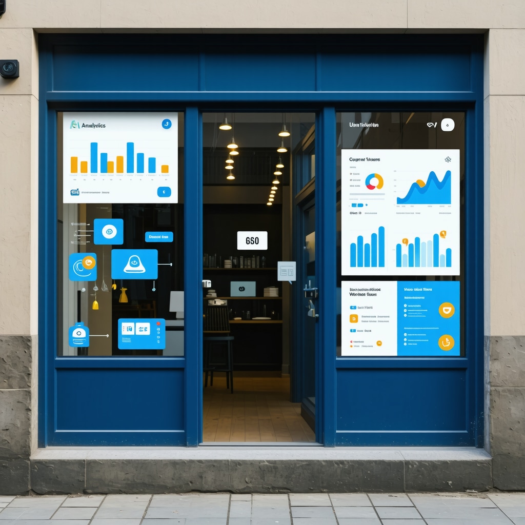 Local business storefront overlaid with AI data analytics and multimedia content icons illustrating GMB SEO optimization