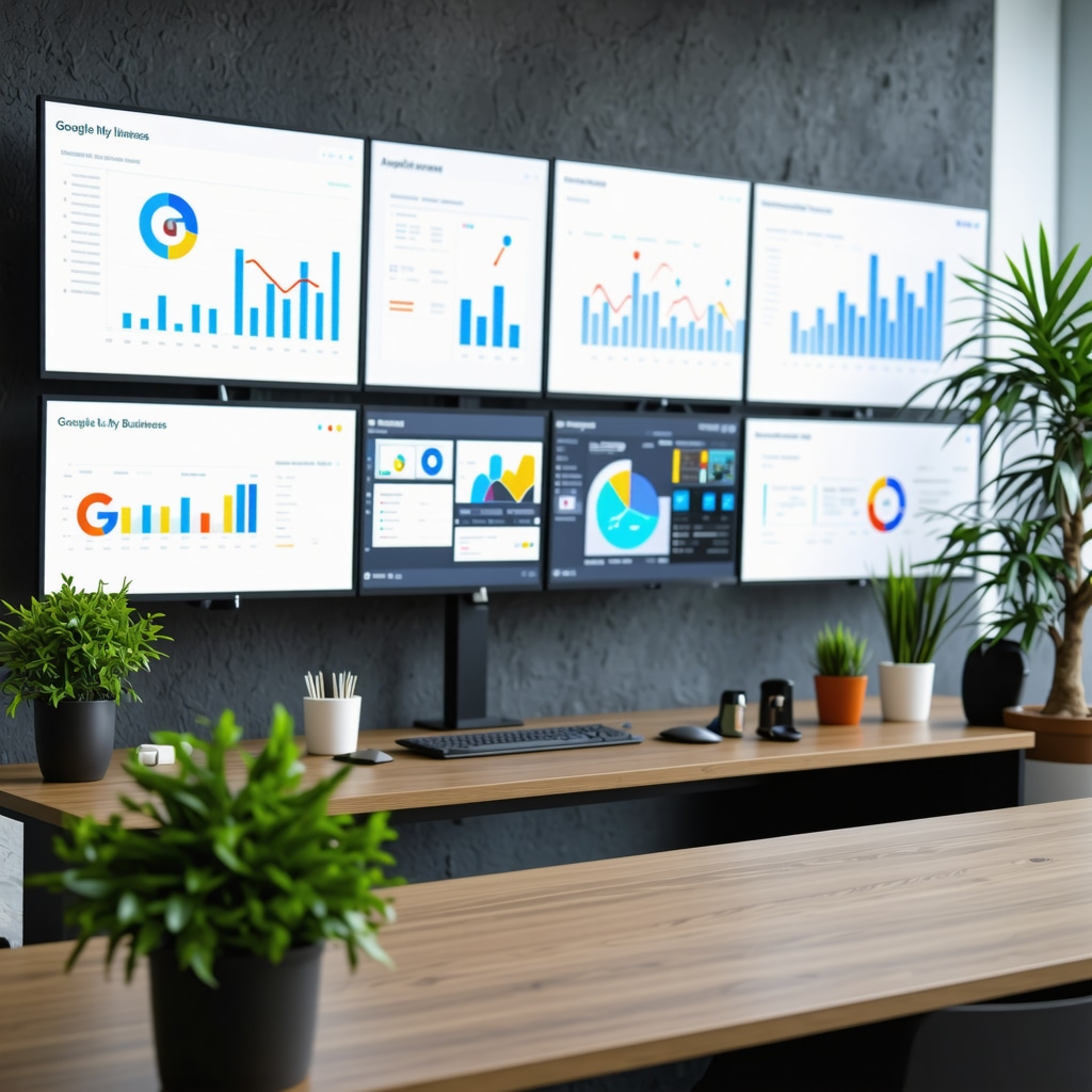 Digital dashboard displaying advanced Google My Business SEO analytics and influencer marketing visuals