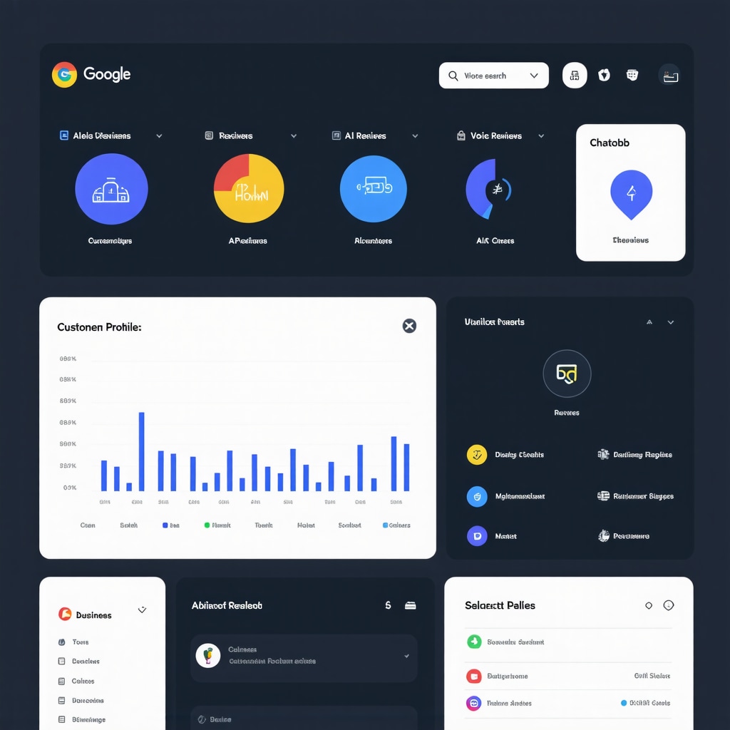 Dashboard displaying Google Business Profile analytics, AI chatbot, and voice search optimization icons