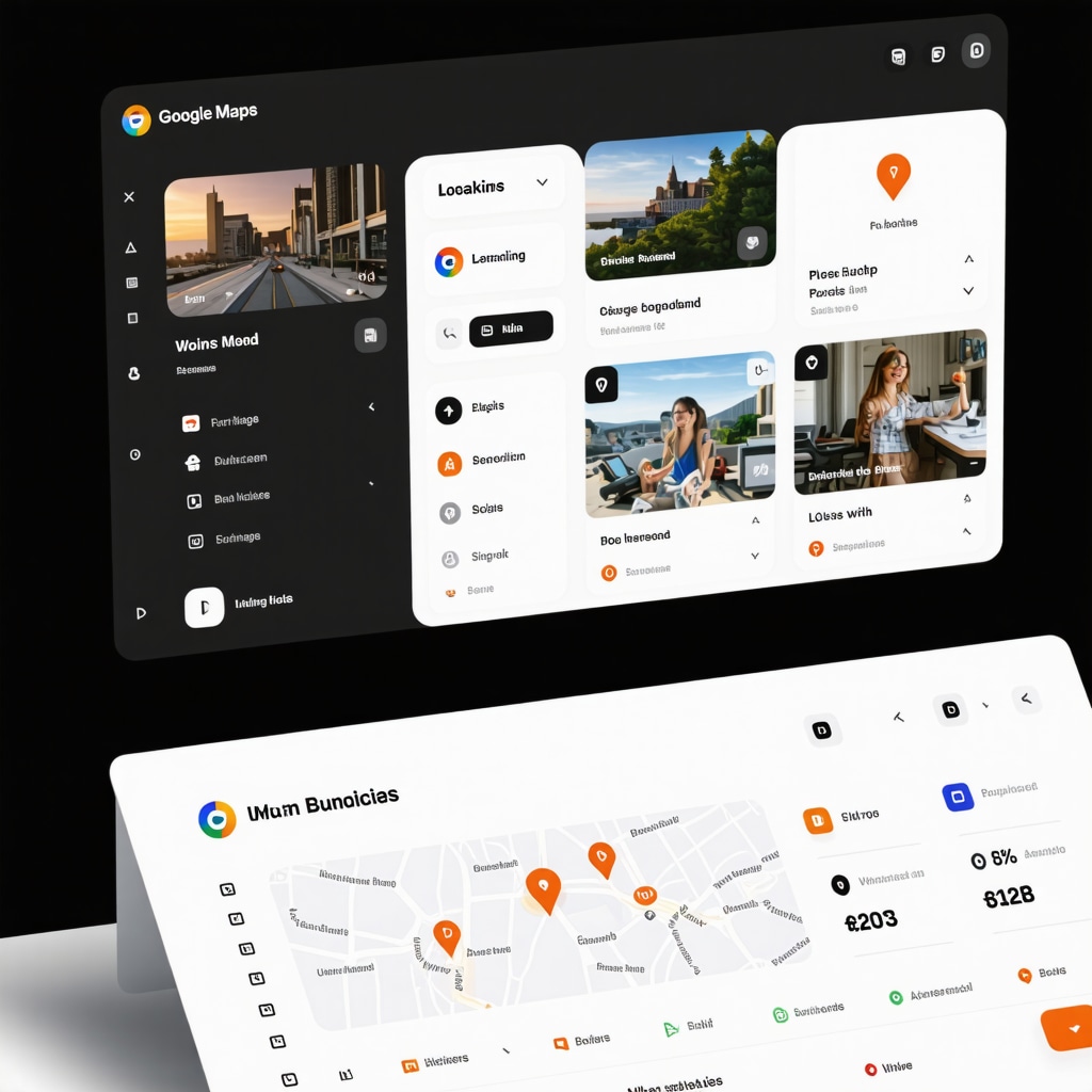 Futuristic digital dashboard showing Google Maps ranking analytics with voice search and AI-enhanced photos for multi-location businesses