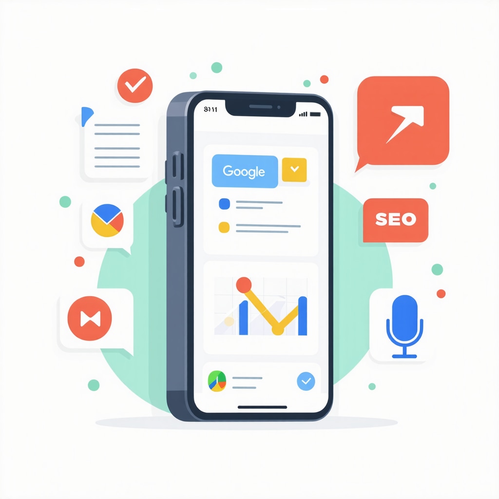 Illustration of smartphone displaying local business profile with analytics, schema code, and voice assistant icons representing advanced Google Maps optimization