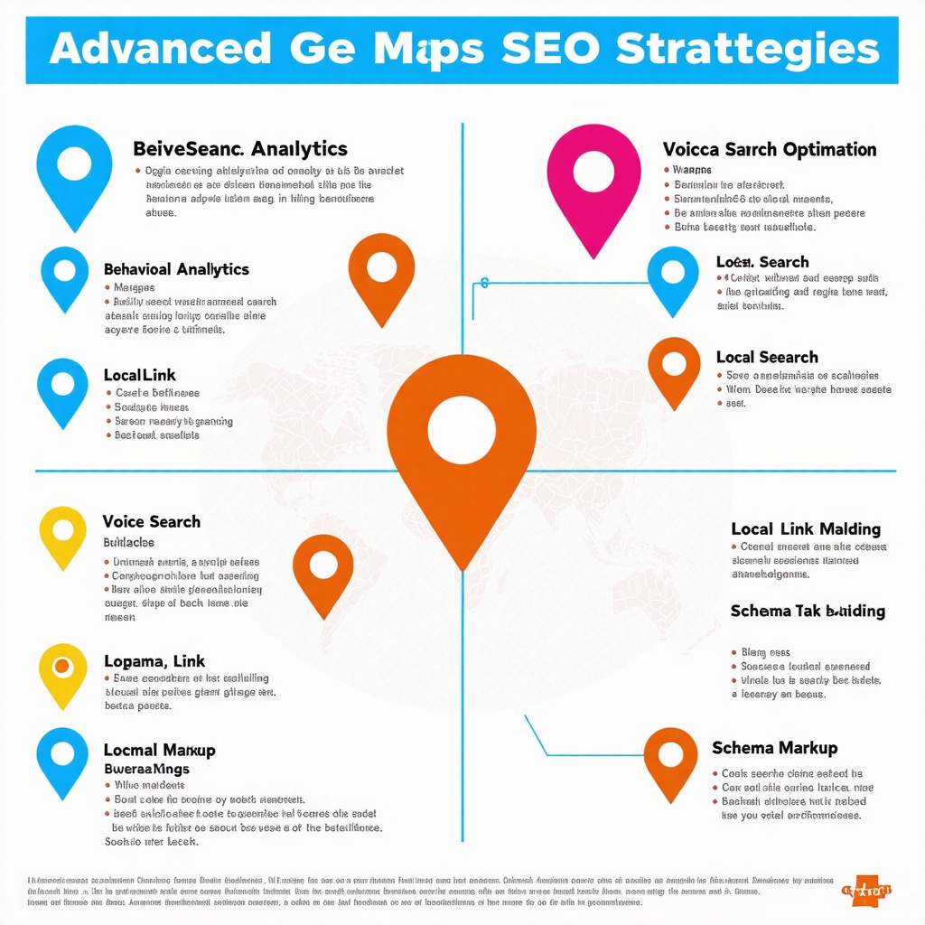 Infographic depicting advanced Google Maps SEO tactics such as behavioral analytics, voice search optimization, local link building, and schema markup with map markers