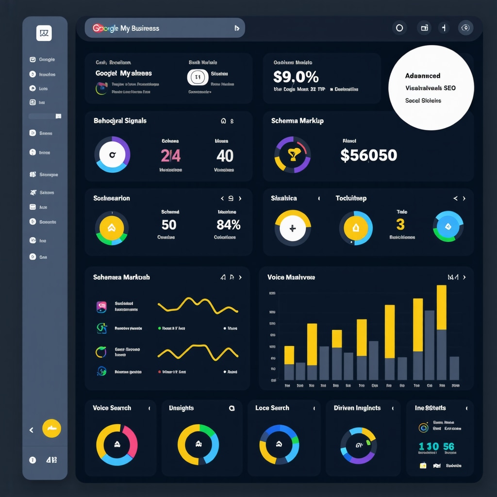 Digital dashboard showing detailed Google My Business analytics with behavioral data, schema markup, voice search trends, and AI-powered insights