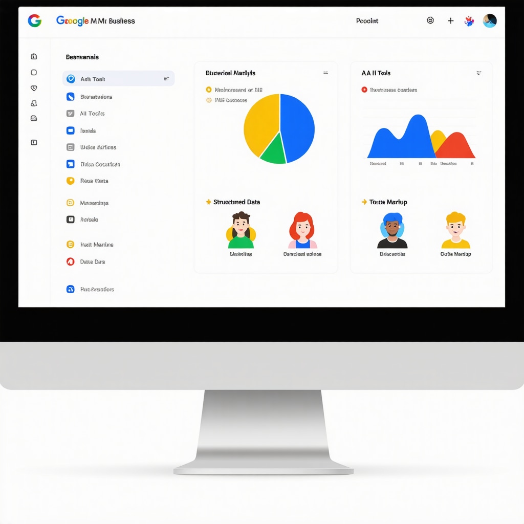Google My Business dashboard showing behavioral analytics, AI optimization tools, and structured data integration for local SEO