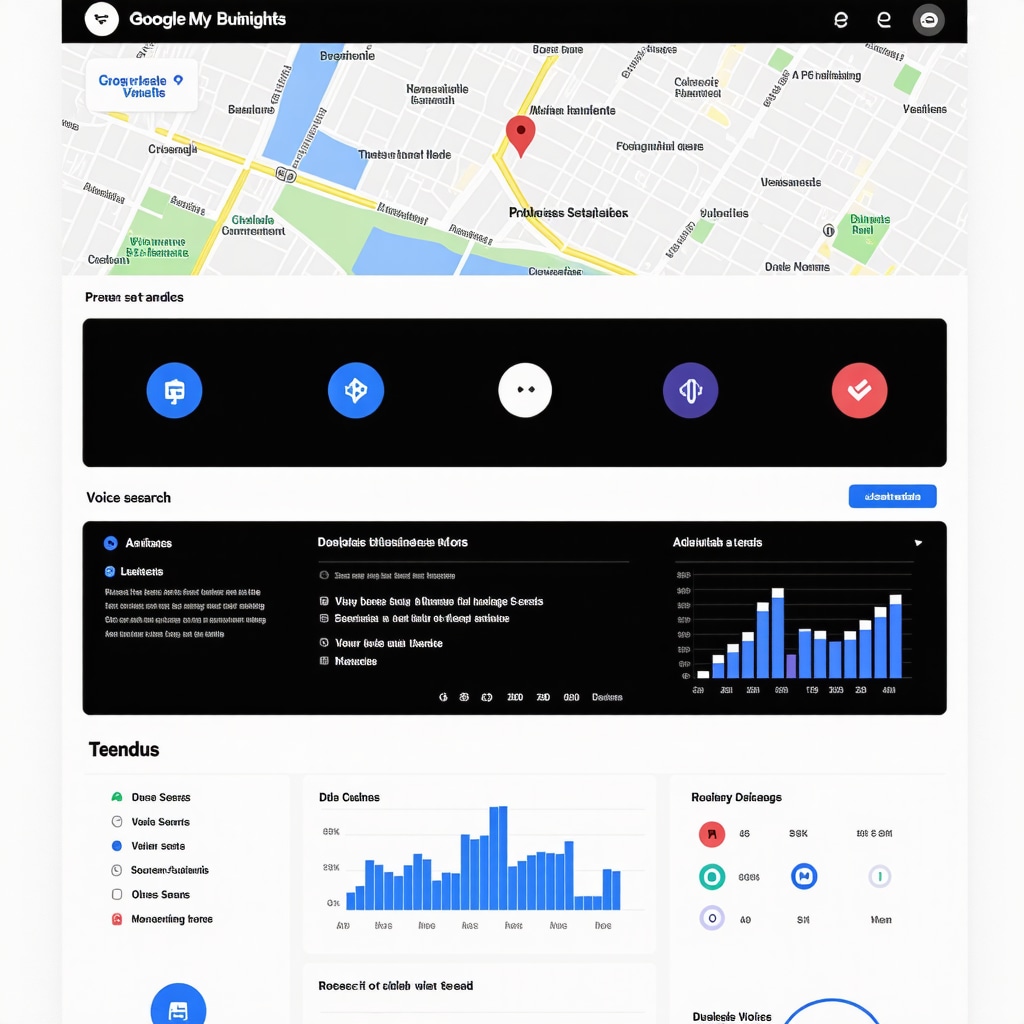 Dashboard showing detailed GMB analytics charts and voice search icons for local SEO enhancement