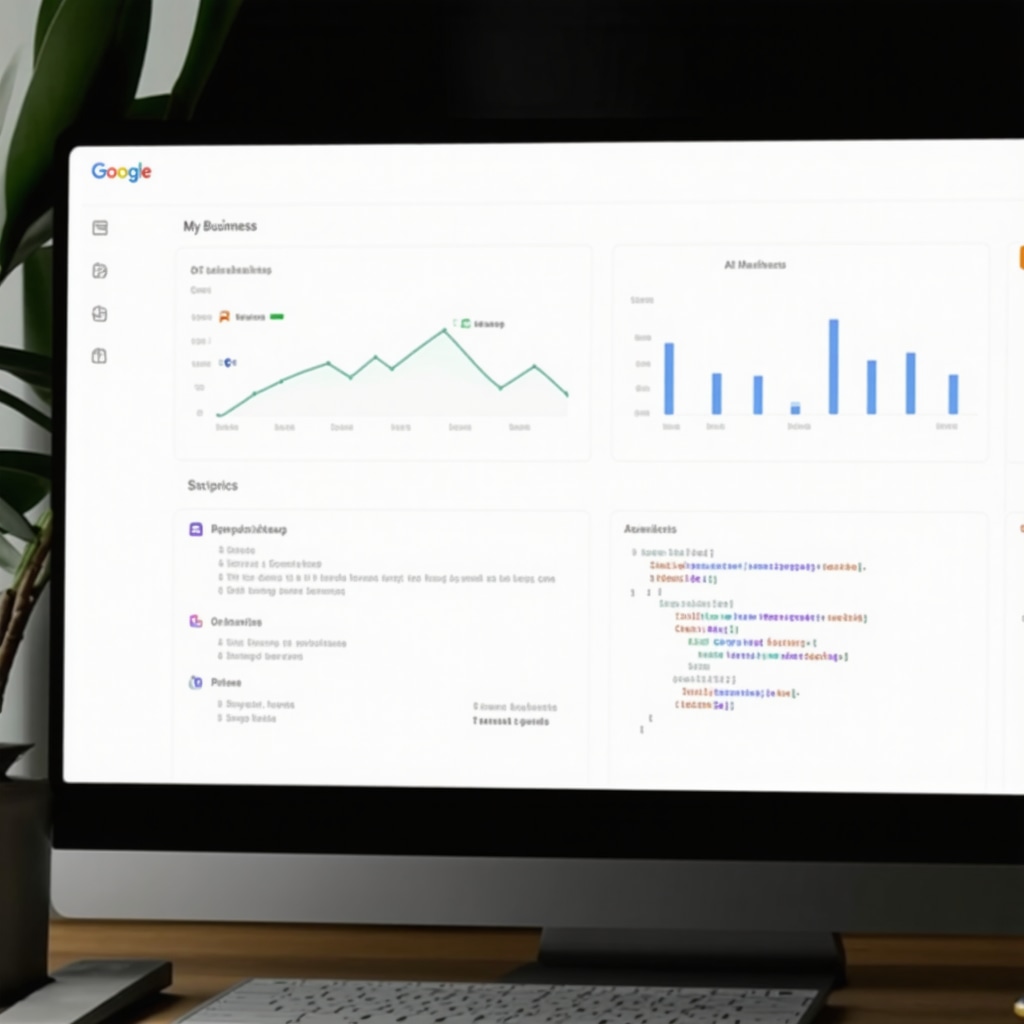Computer screen displaying Google My Business dashboard alongside AI analytics and schema markup code