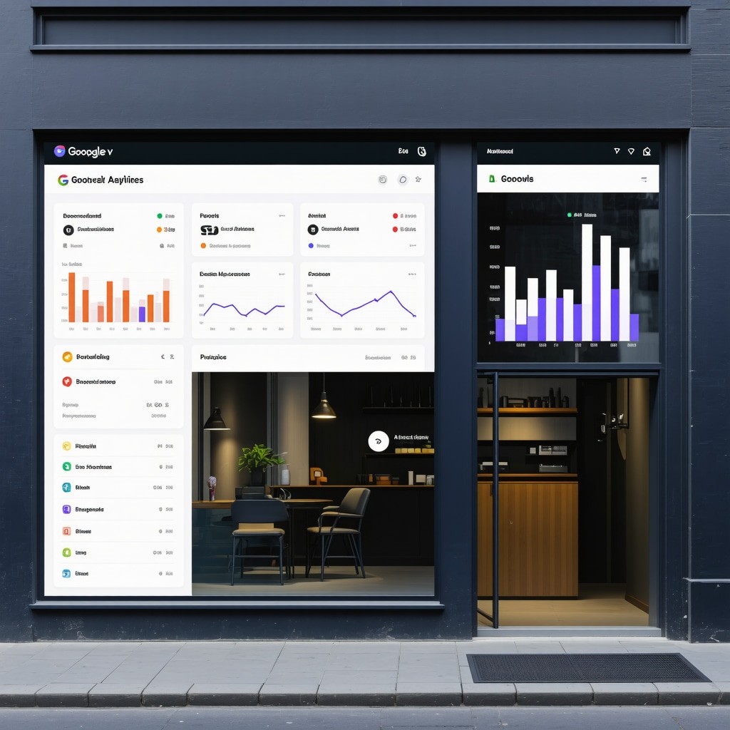 Dashboard showing behavioral data and AI analytics for Google My Business SEO audit with local business backdrop