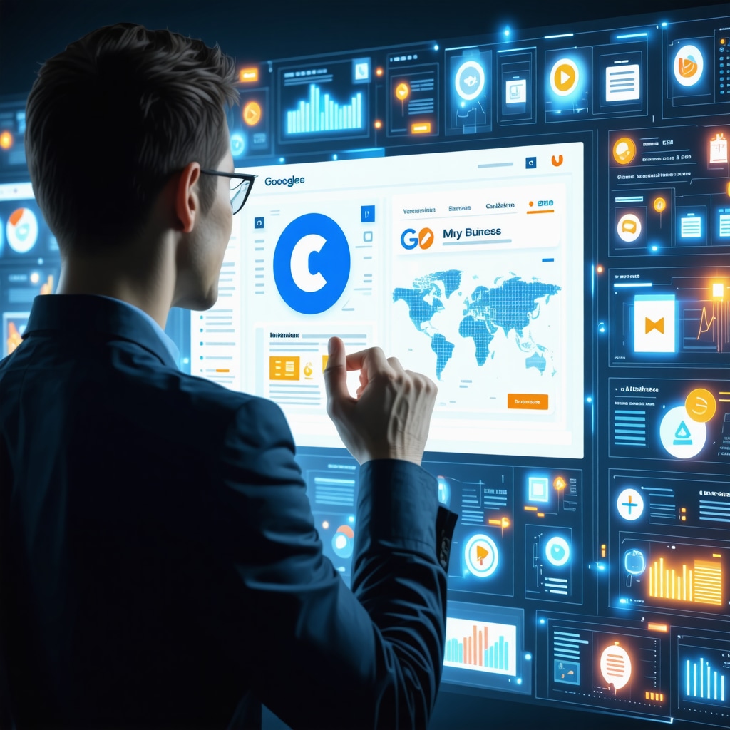 Business owner using a virtual dashboard for Google My Business verification enhanced by machine learning and multimedia