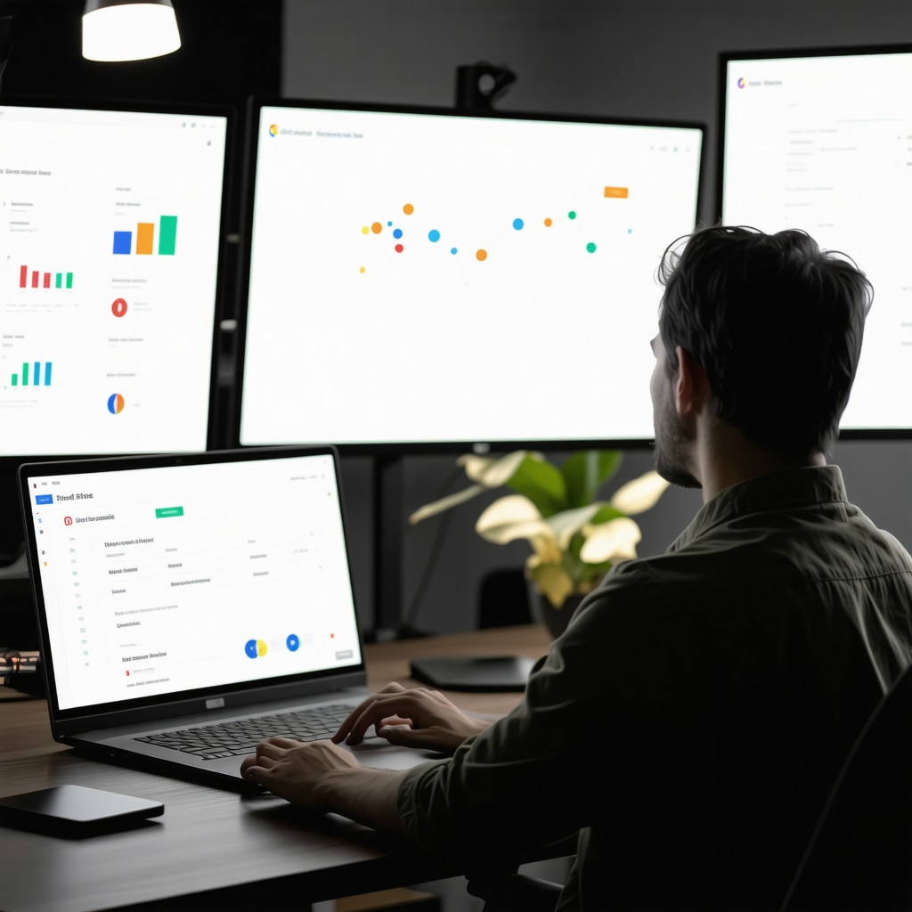 SEO expert analyzing local citations and brand storytelling on computer screens