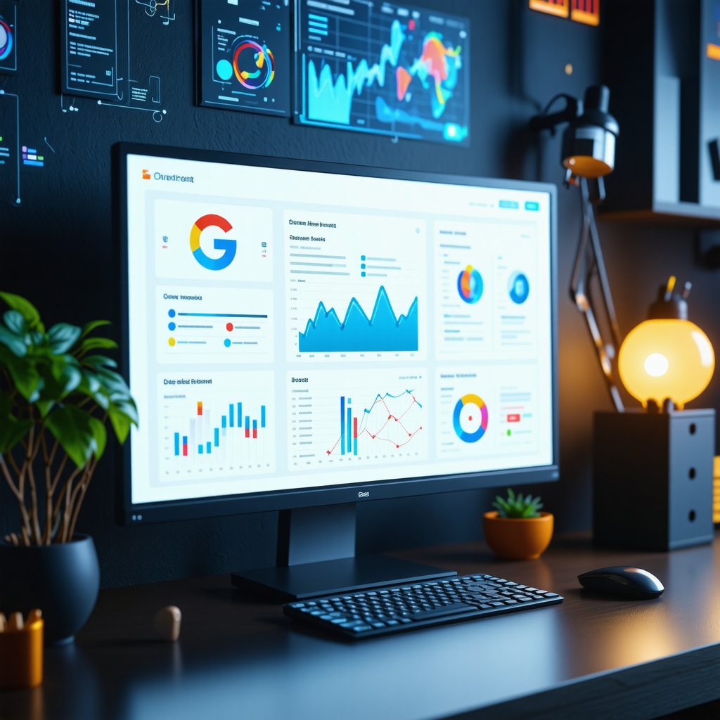 Digital dashboard displaying Google Business Profile analytics and schema markup code with AI automation icons