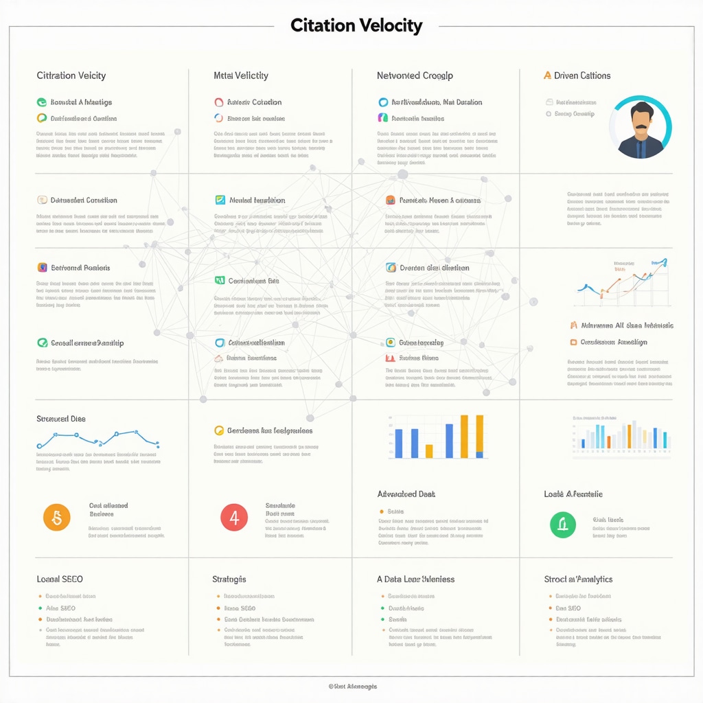 Infographic depicting citation velocity, AI analytics, structured data, and networked citations linked to Google My Business