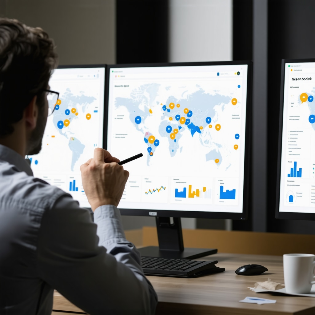 SEO professional analyzing backlink data and local business maps on computer screens