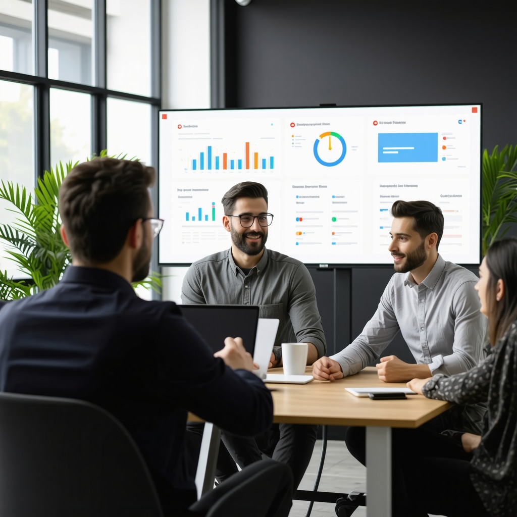 Business professionals reviewing Google My Business analytics and AI-driven sentiment data on screens