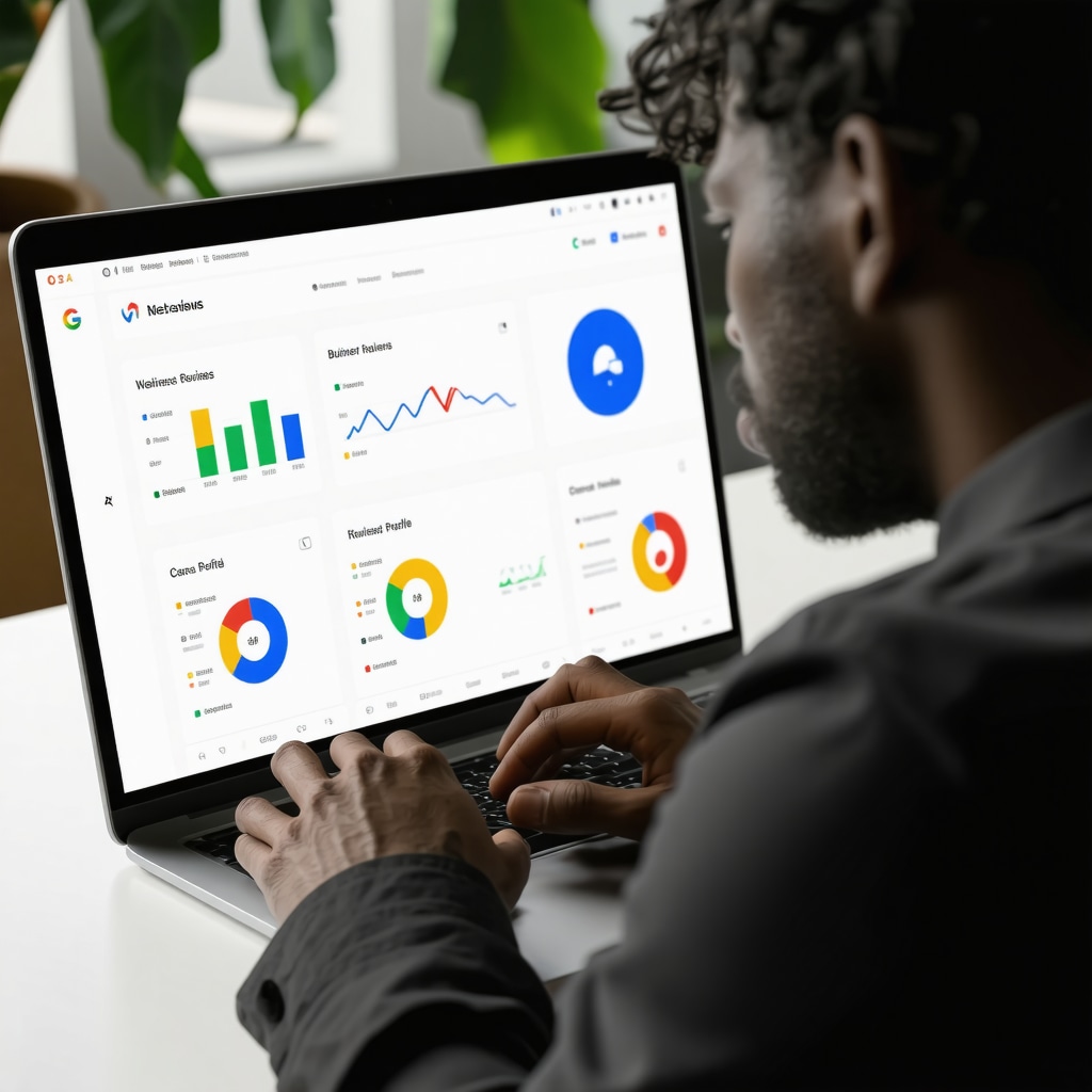 Local business owner reviewing customer feedback data and Google Business Profile on laptop