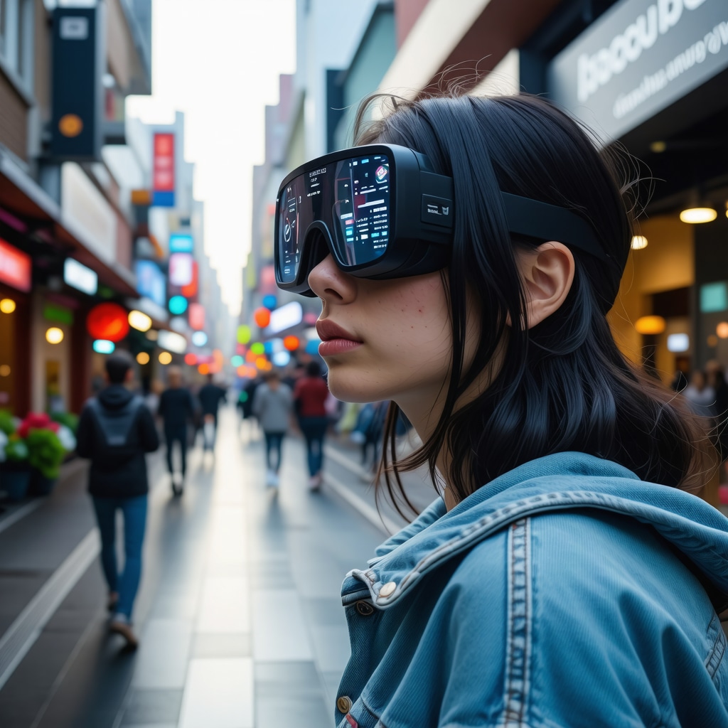 Person using augmented reality glasses in a neighborhood setting with digital business info and AI analytics dashboards