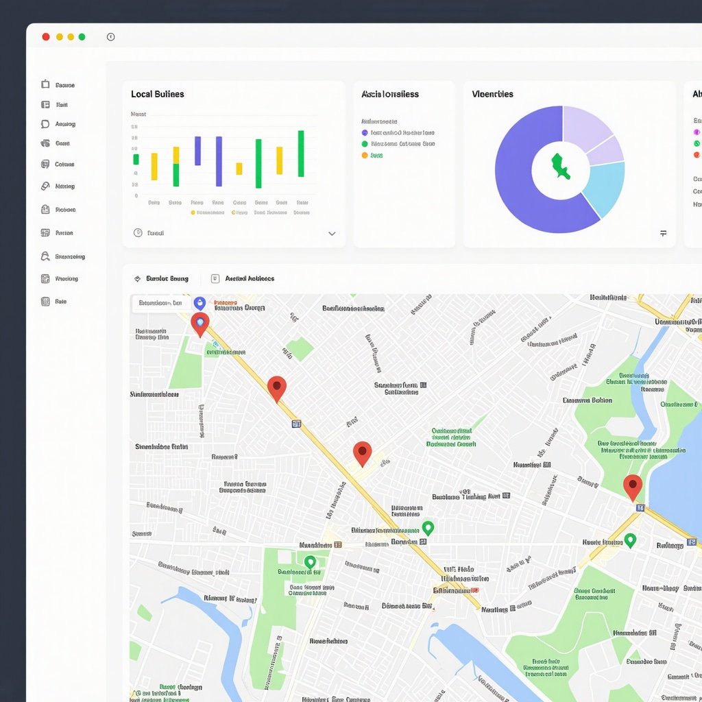 Dashboard showing behavioral analytics, schema markup code, and geo-fencing map for local SEO