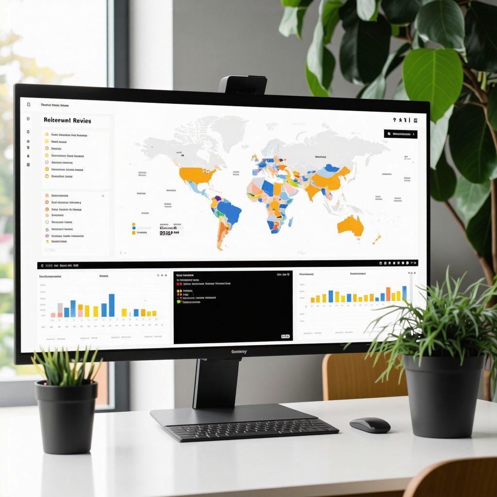 Dashboard with graphs and maps displaying customer review data, sentiment analysis, and geographic diversity for local SEO