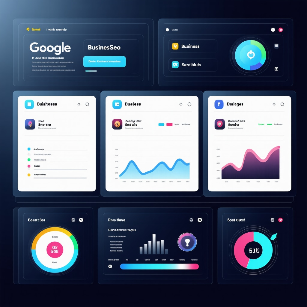 Dashboard with graphs and icons illustrating Google Business Profile data analytics and voice search optimization