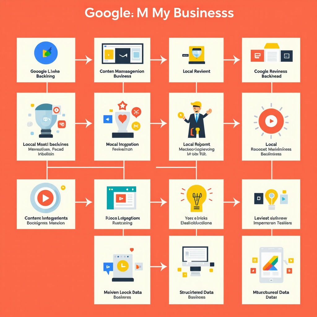 Infographic illustrating advanced steps in optimizing a Google My Business listing including content, reviews, backlinks, and structured data