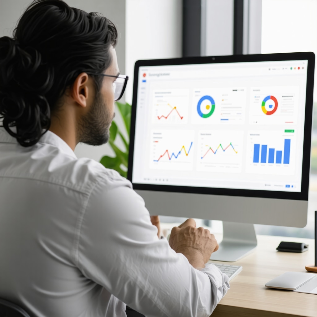 A digital marketing expert reviewing AI analytics and local SEO metrics on a computer screen for Google My Business optimization