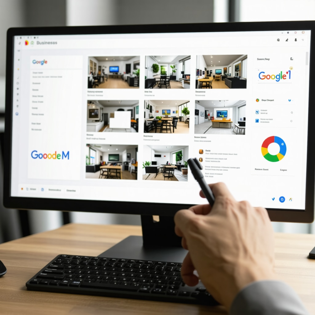 Digital marketing expert reviewing Google My Business photo analytics and AR features on a computer