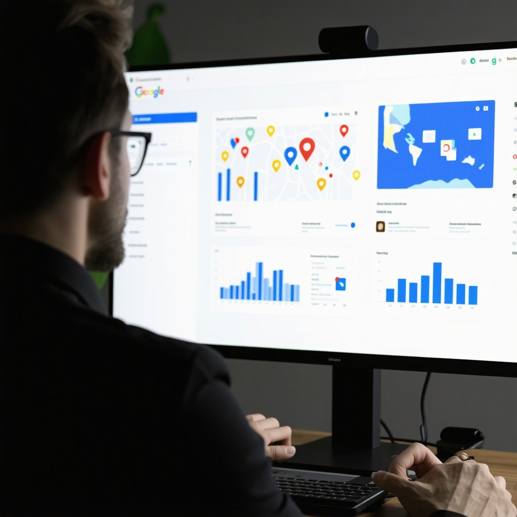 Digital marketing expert analyzing Google My Business profile with charts and multimedia icons