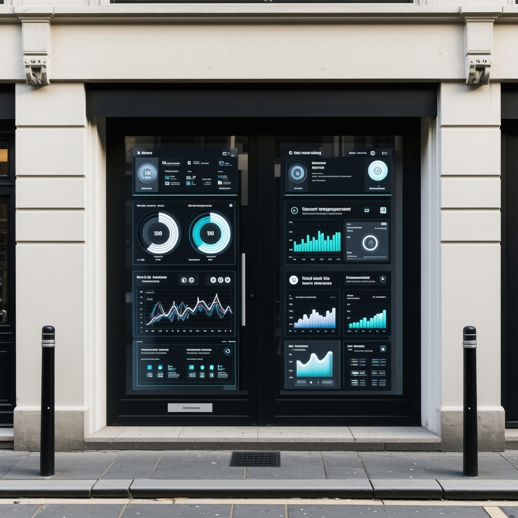 Futuristic local business storefront with augmented reality and geo-fencing technology, displaying customer engagement and AI analytics