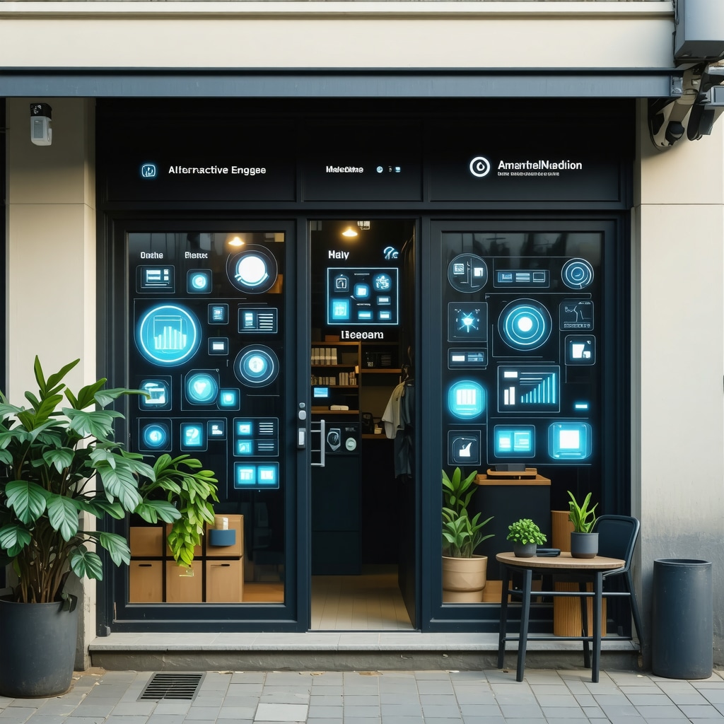 Local business storefront augmented with AR digital overlays and AI analytics in urban neighborhood