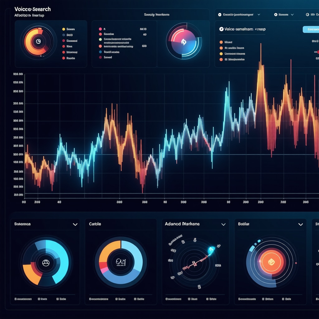 Digital dashboard with AI analytics, voice search patterns, and schema markup code representing advanced Google Business Profile optimization