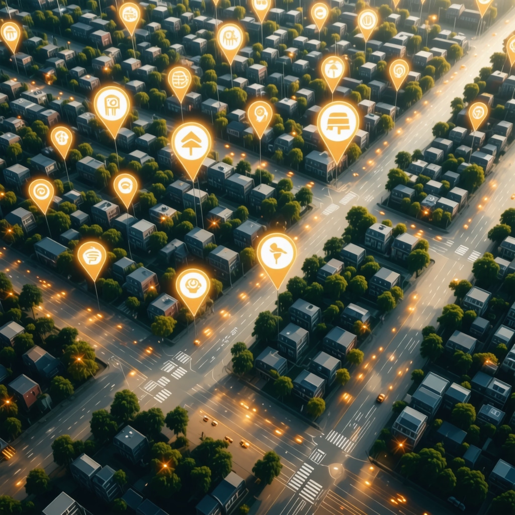 Digital neighborhood map with AI and augmented reality icons showcasing hyperlocal SEO technology