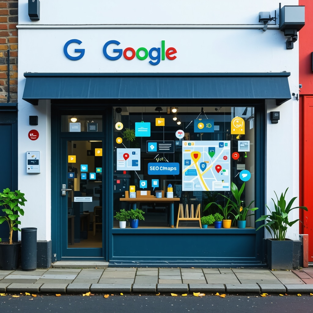 Small business storefront with digital overlays representing data analytics, AI, AR, and influencer marketing for Google Maps SEO