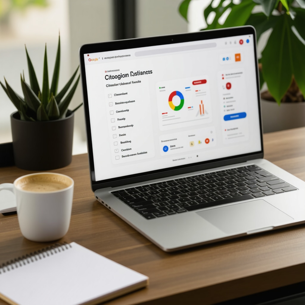 Workspace with laptop showing Google Business analytics and checklist for local SEO citation cleanup and backlink strategies