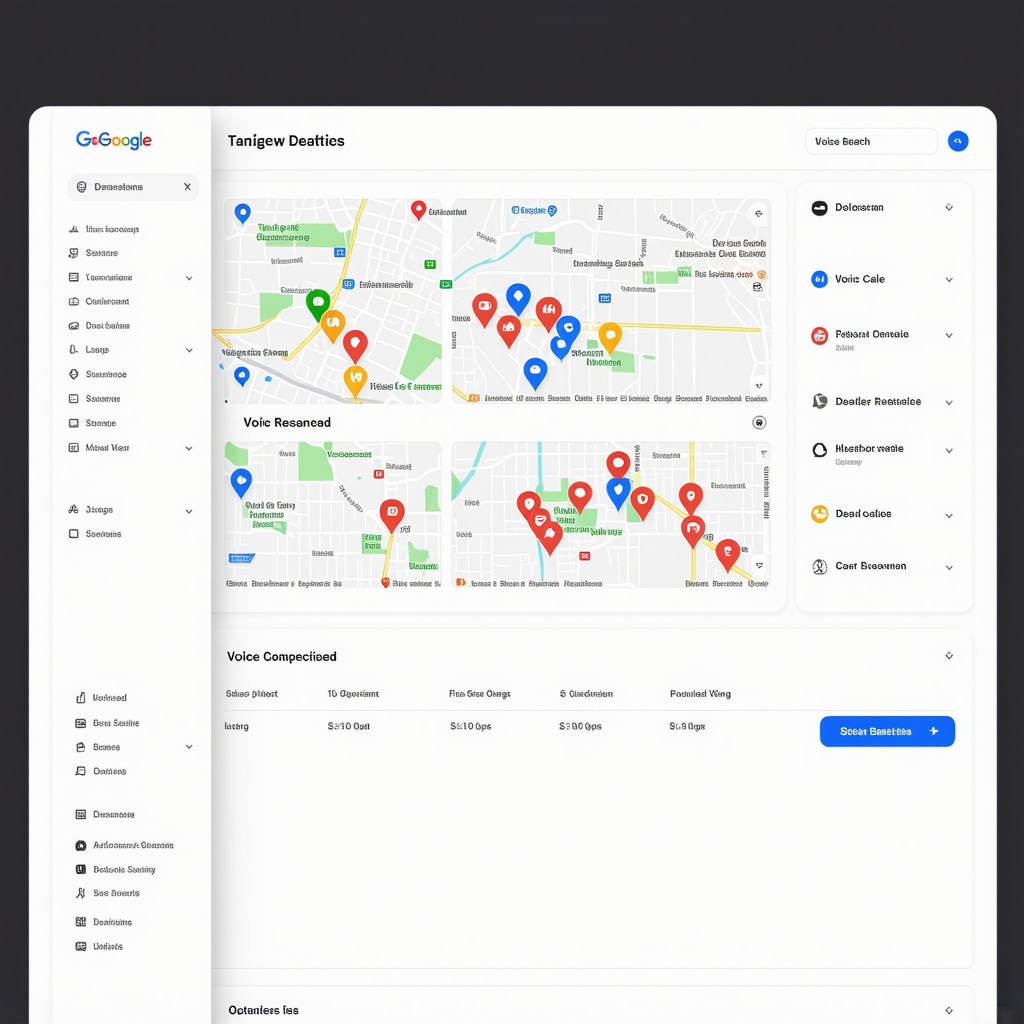 Dashboard showcasing GMB analytics with multi-location maps and voice search icons