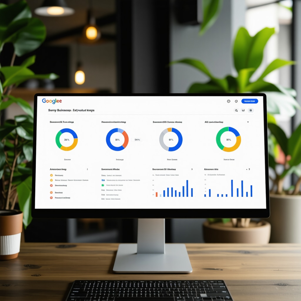 Dashboard showing GMB behavioral analytics, semantic SEO keywords, and AI tools alongside local business storefront