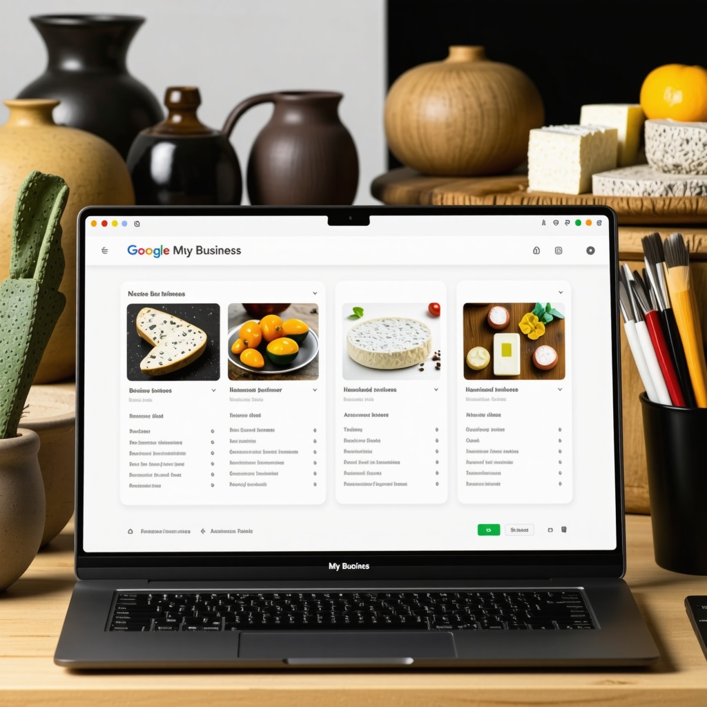 Laptop screen showing Google My Business keyword data and images of artisanal niche products optimized for SEO