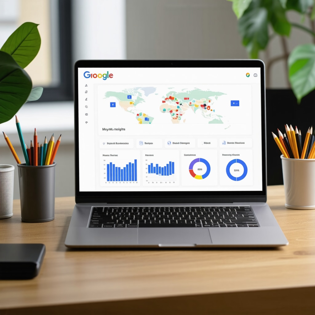 Screenshot of Google My Business Insights dashboard with local SEO analytics and graphs on laptop screen