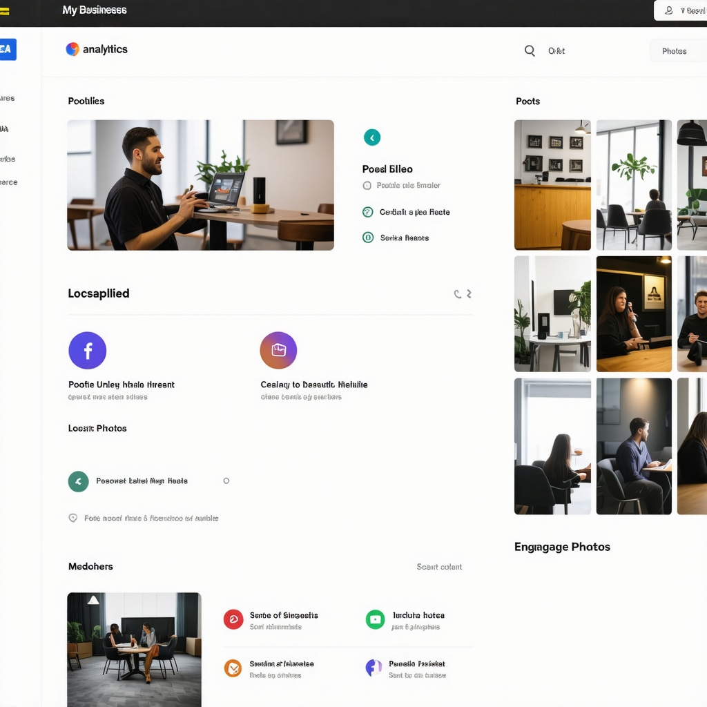Screenshot of Google My Business dashboard with posts, Q&A, analytics, and optimized images for local SEO