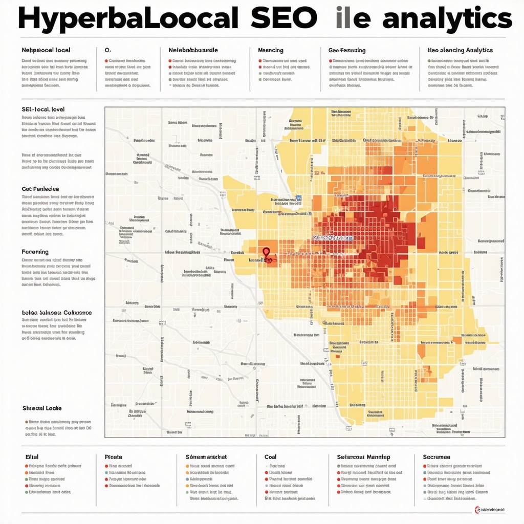 Infographic showing neighborhood heat maps, geo-fencing zones, and structured data examples for hyperlocal SEO