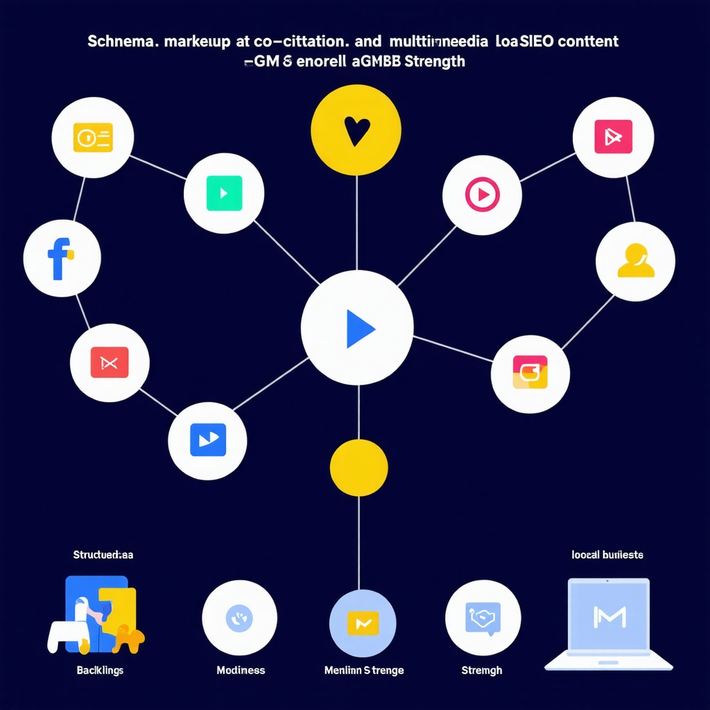 Diagram illustrating how schema markup, co-citation, and multimedia content synergize to improve Google My Business backlink authority and local SEO